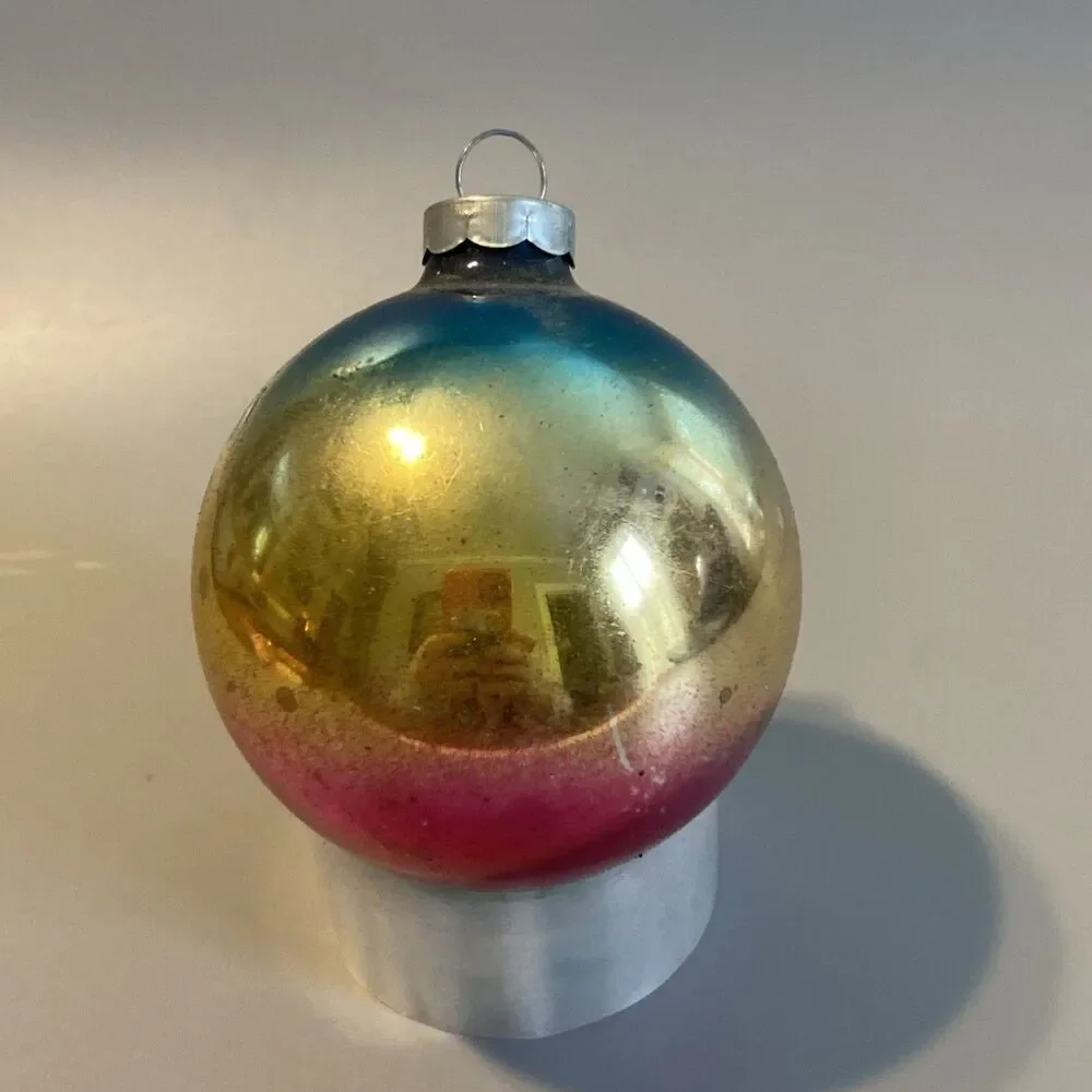 Vintage Christmas Ombre Glass Ornament Hand Made In USA Blue Pink Gold Fade